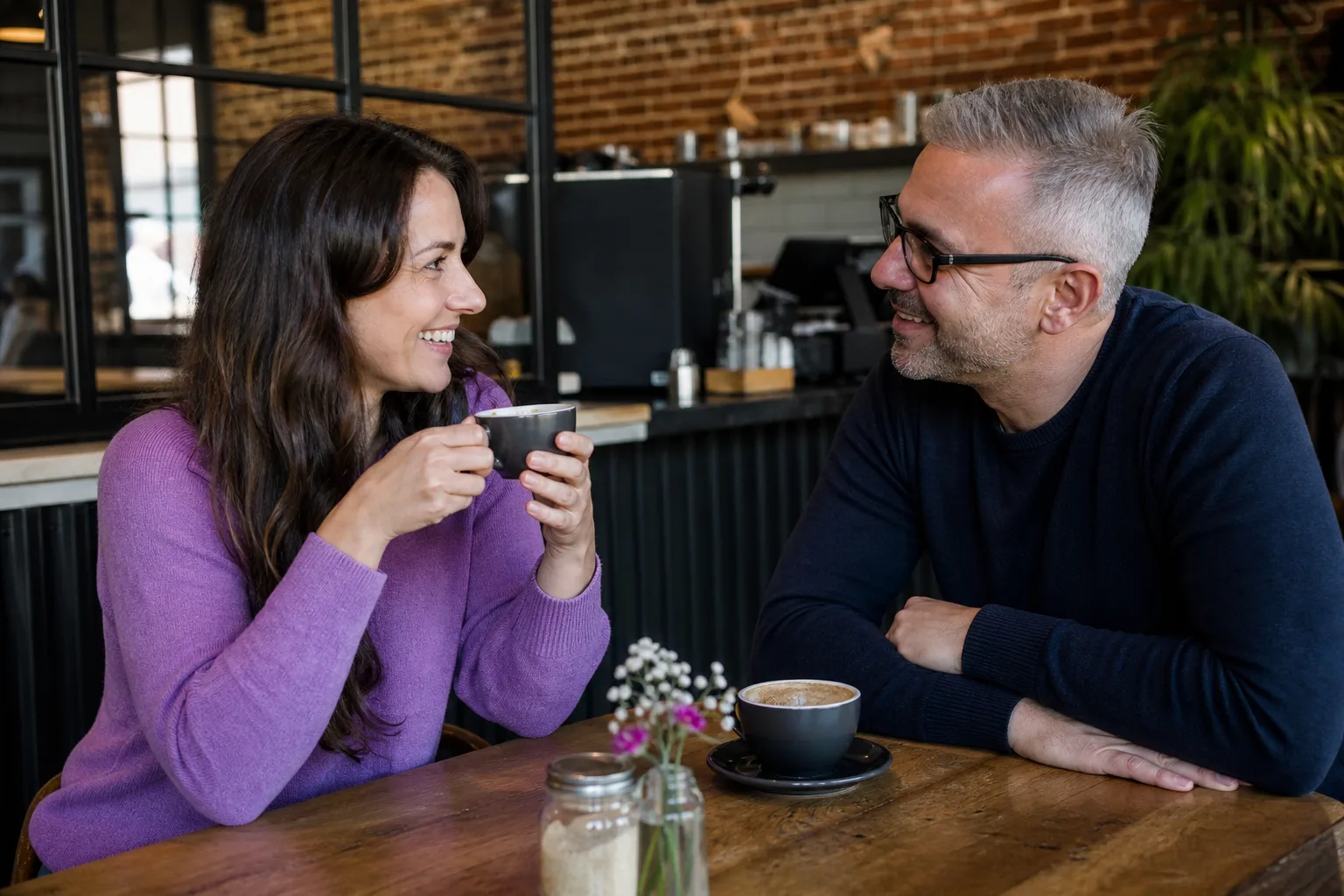 Two people talking over coffee in central Hereford
