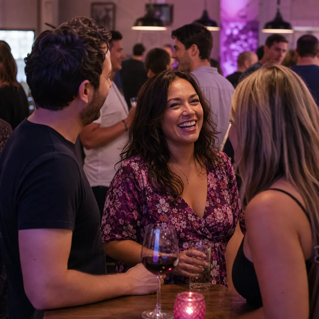 Guests talking across small tables at a hosted dating event