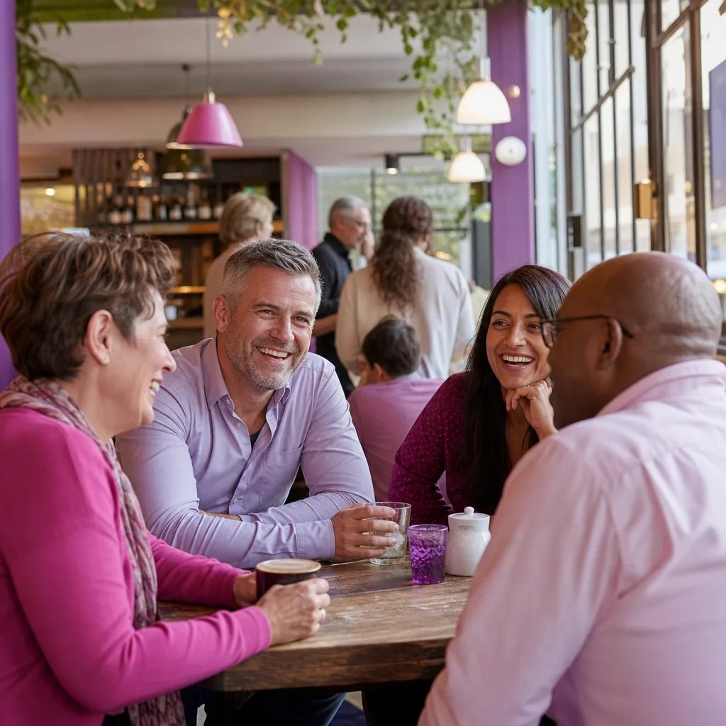 Two people meeting for coffee in a busy public café in Herefordshire